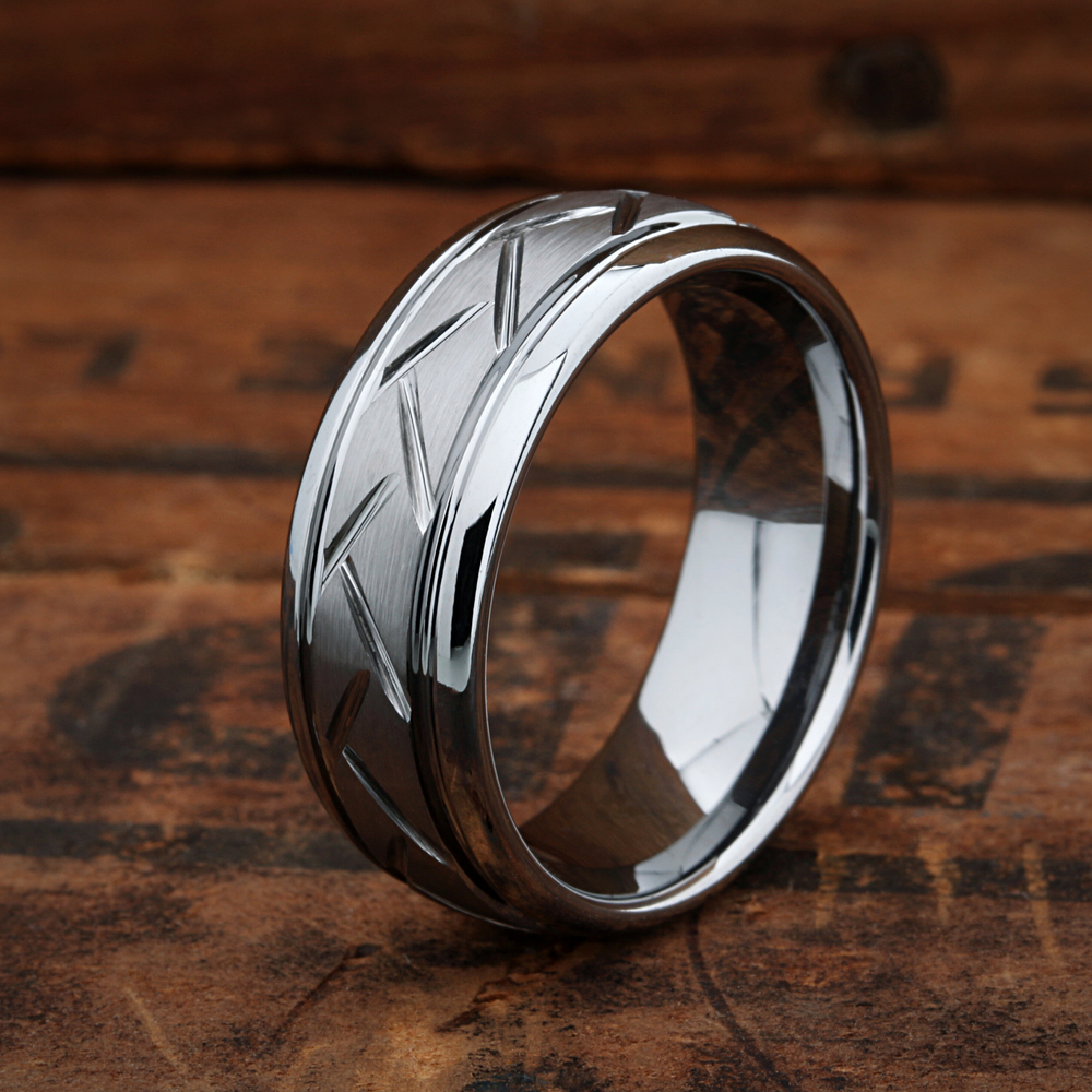 Men's Silver Tungsten Wedding Band With Carved Grooves