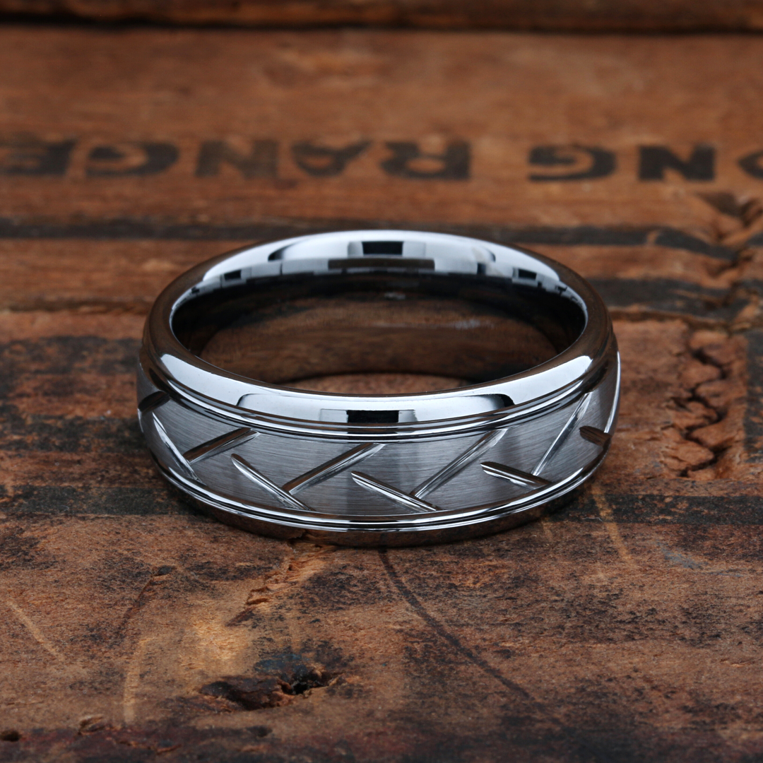 Men's Silver Tungsten Wedding Band With Carved Grooves