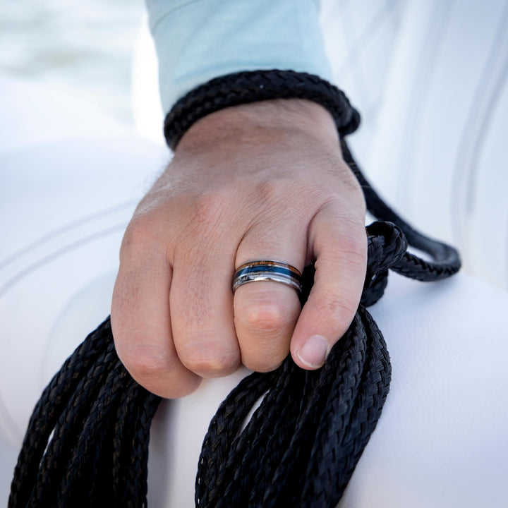 Men's Blue Fishing Line Ring Made Out of Deer Antler, Wood, and Fishing Line