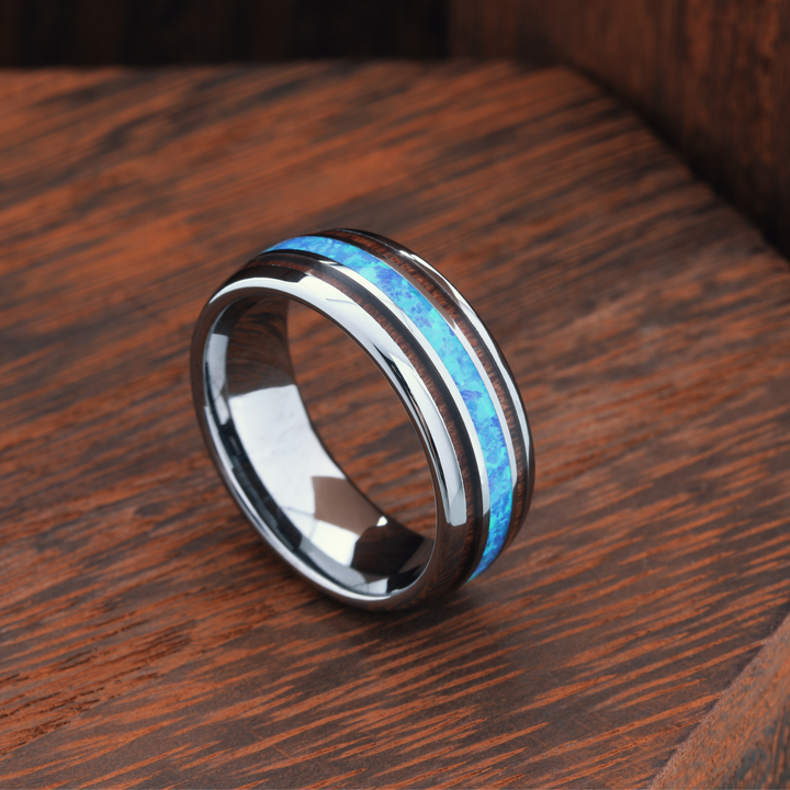 Men's Unique Wedding Ring - Opal Wooden Barrel Ring