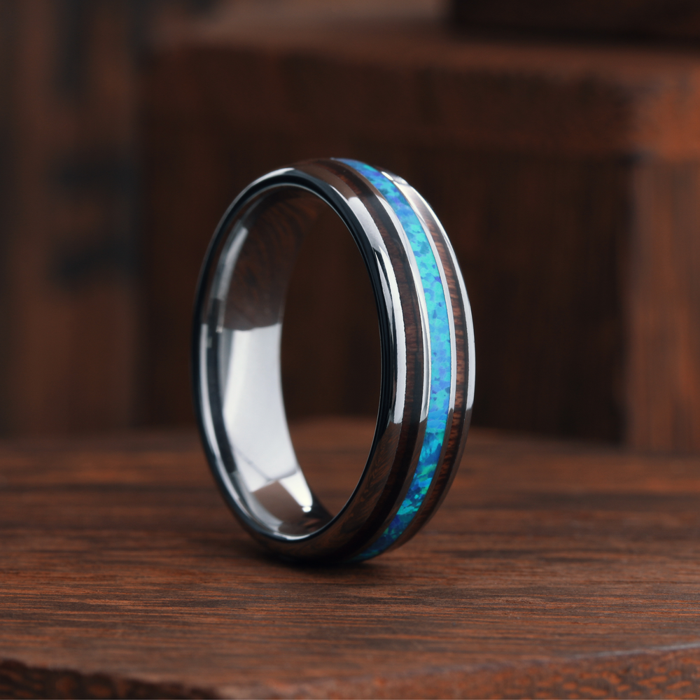 Men's Opal Wooden Barrel Ring 6mm Width