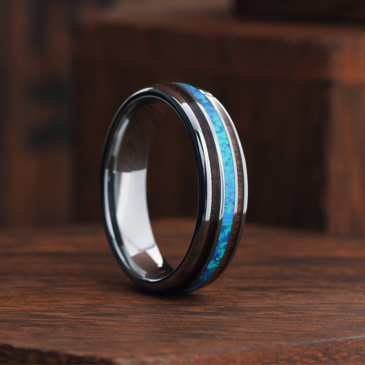 Opal Wood Barrel Ring | Opal and Wood Men's Wedding Ring | 6mm Width ...