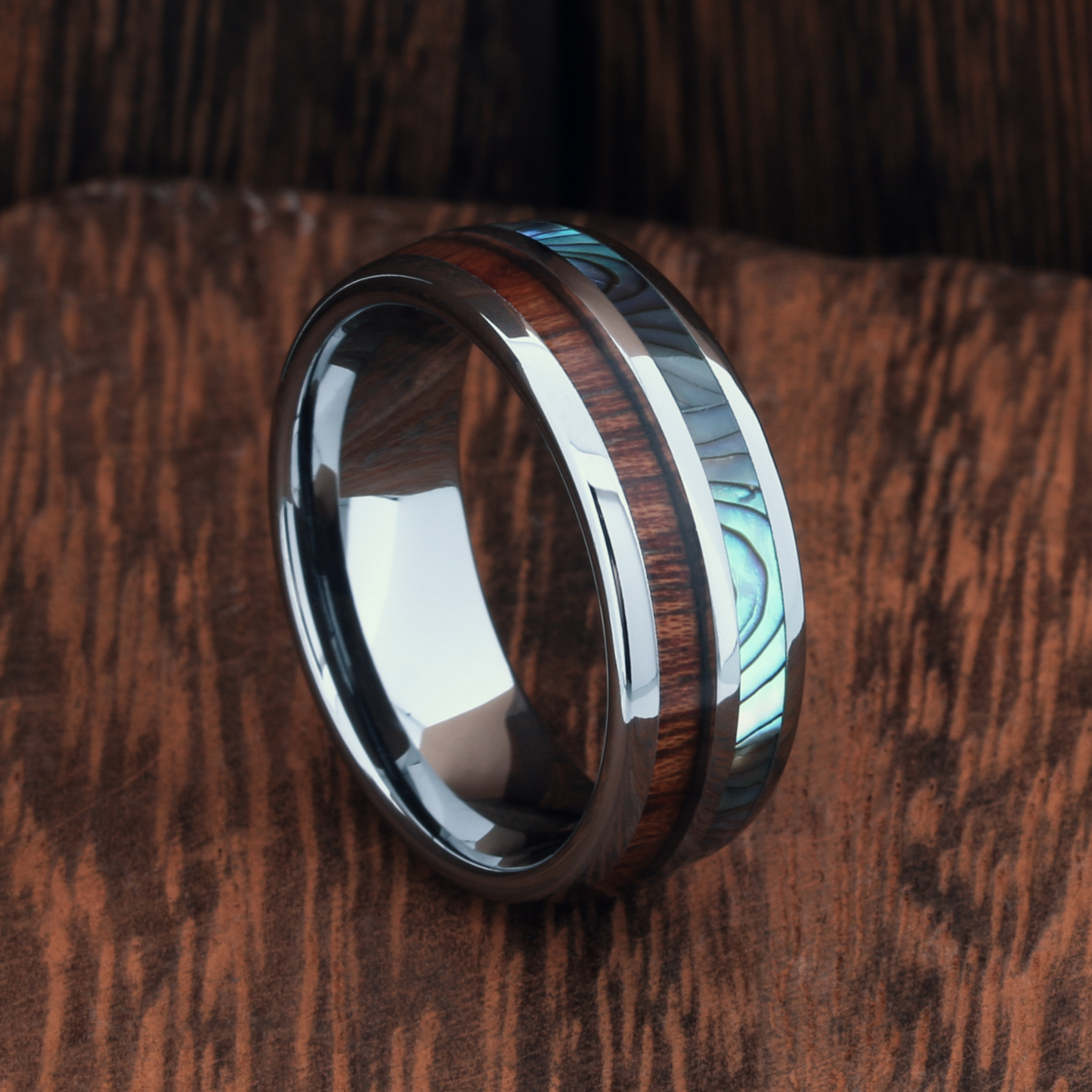 8mm Men’s Wedding Band – Hawaiian Koa Wood & Abalone Shell Inlay, Stainless Steel, Comfort Fit