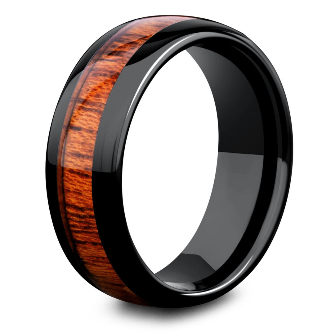 Men's Polished Black Ceramic Wooden Ring