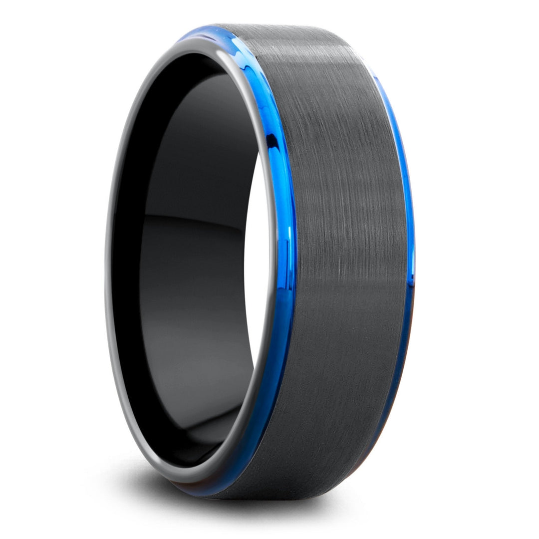 Men's Black and Blue Wedding Ring With Step Down Edges