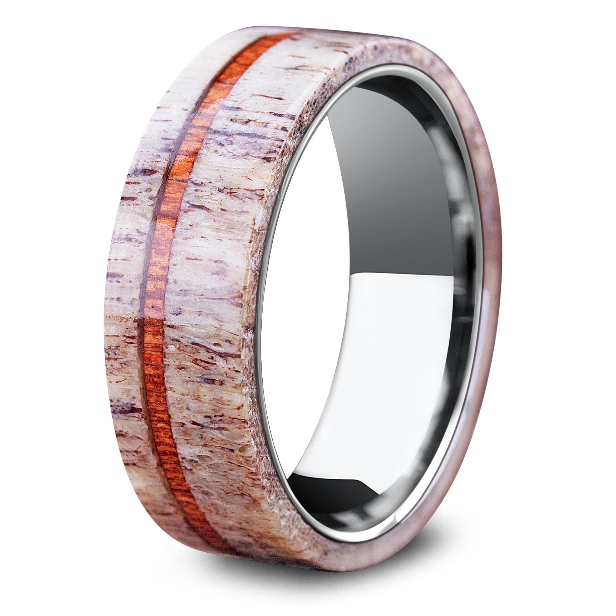 Men's Antler Wedding Band With Wood Stripe Tungsten Carbide Core