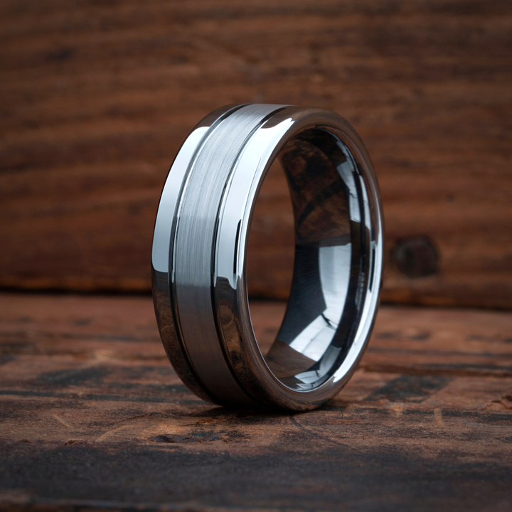 Mens Silver Tungsten Wedding Band With Double Channel Grooves - Add Engraving