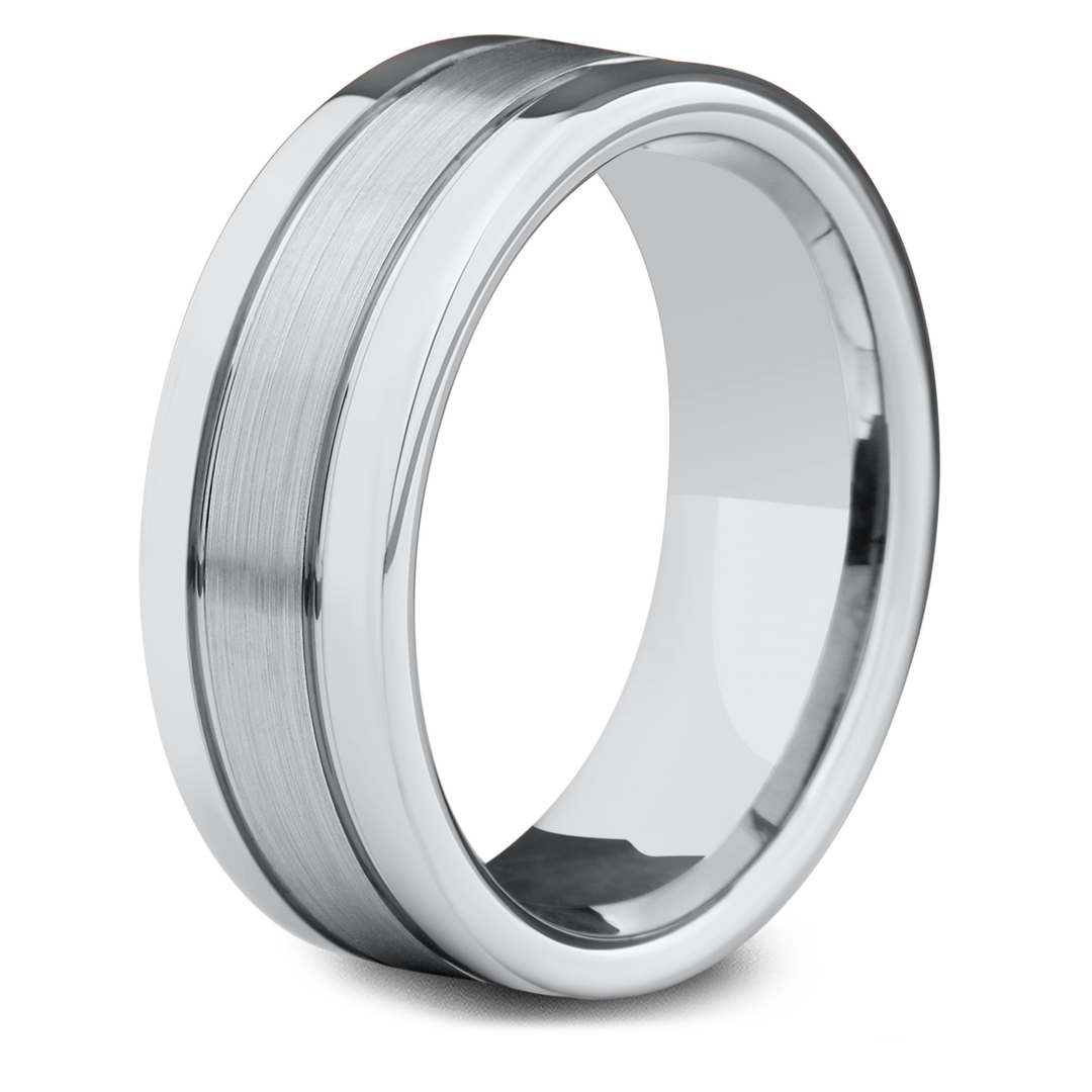 Mens Silver Tungsten Wedding Band With Double Channel Grooves