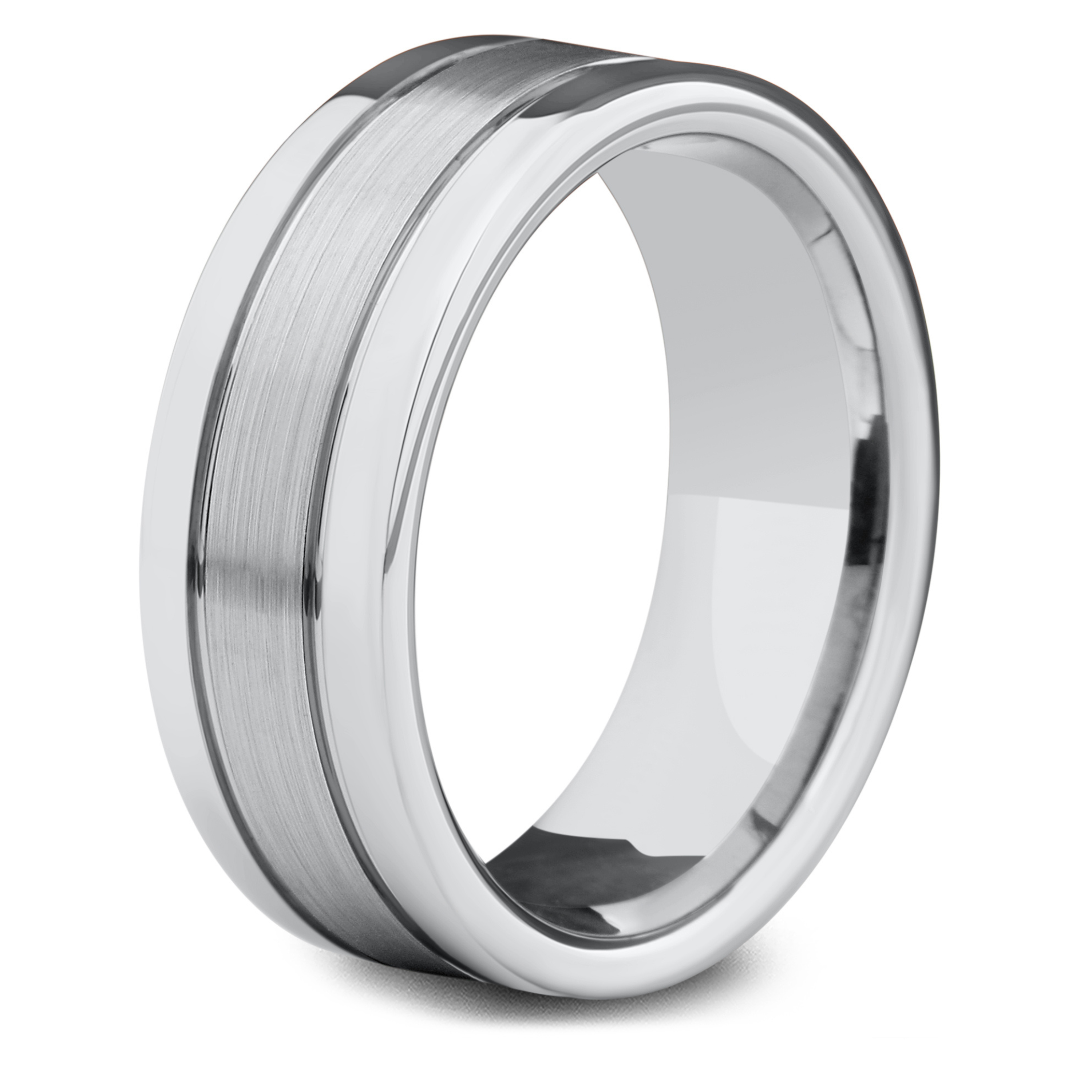 Men's Silver Tungsten Wedding Band With Double Groove Channels