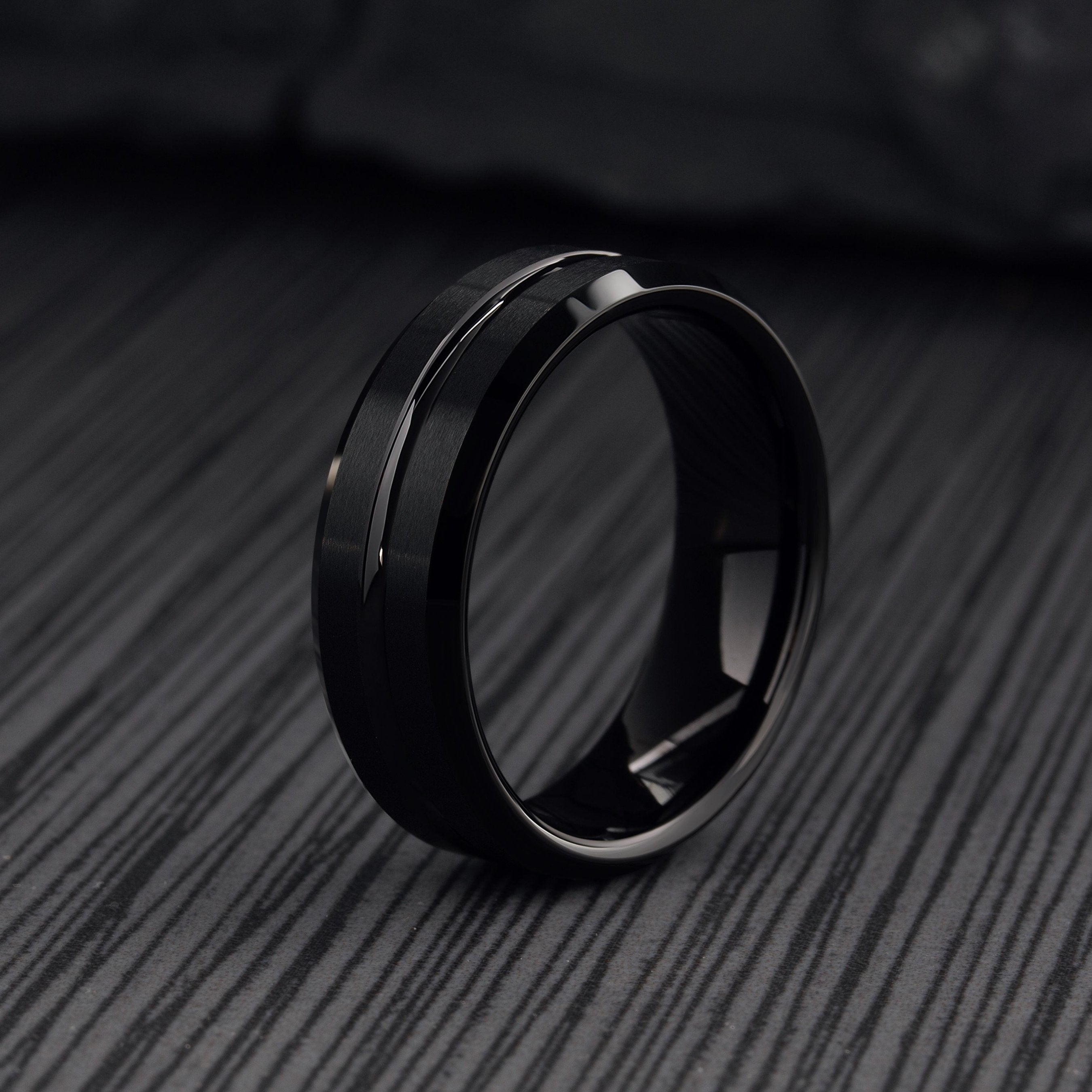 Mens Modern 14K Black Gold 3.0 Ct Princess White Sapphire Wedding Ring  R1132-14KBGWS | Decorum Jewelry