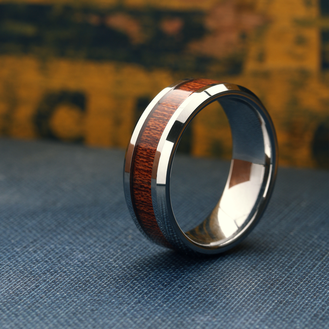 Men's Tungsten Wedding Band With Koa Wood and Beveled Edges: The Silver ...