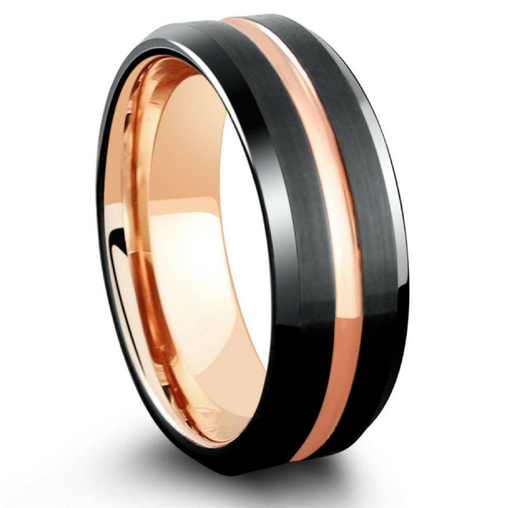 Mens Black Tungsten Wedding Ring With Plated Rose Gold