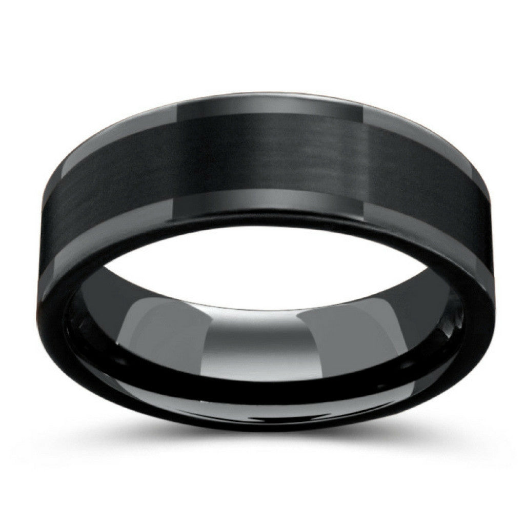 Mens 8mm Black Tungsten Wedding Ring with a Brushed Center Design