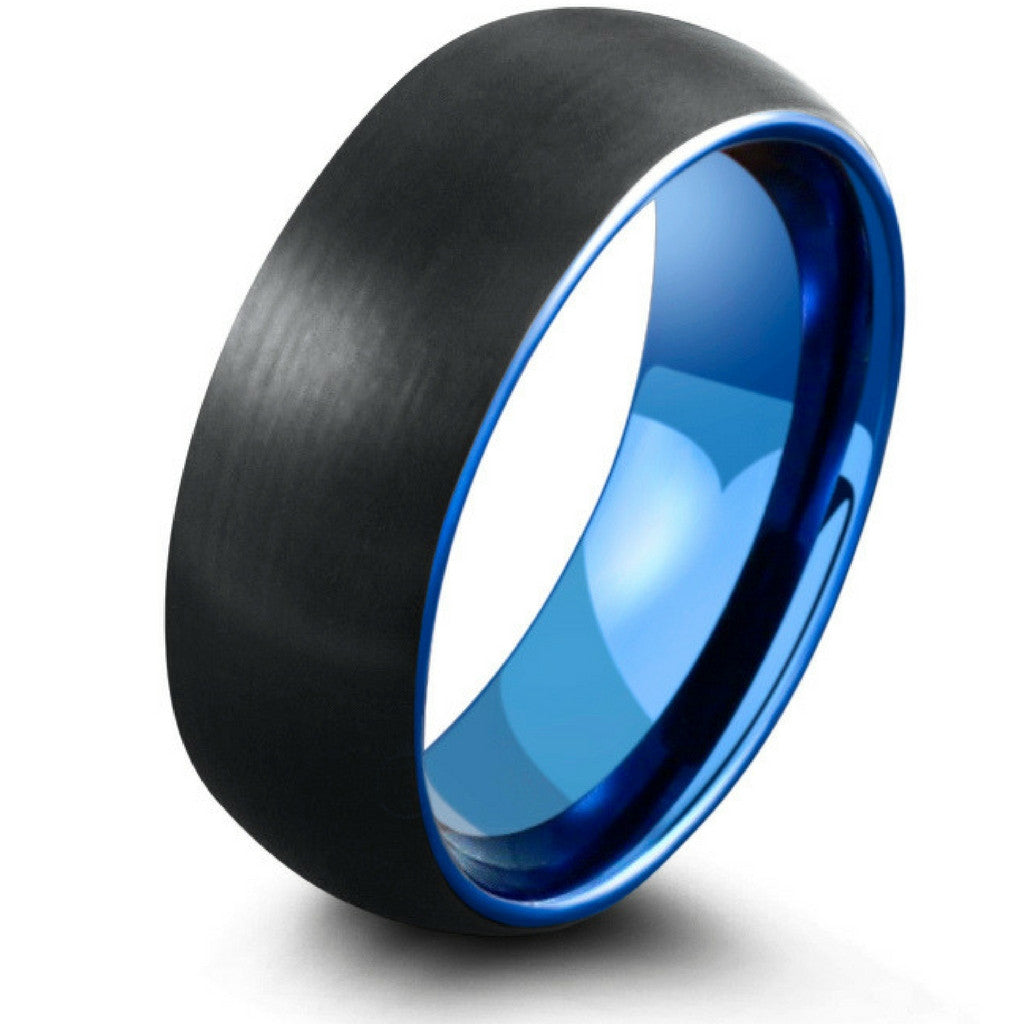 8mm Domed Black Brushed Tungsten Ring With Blue Interior