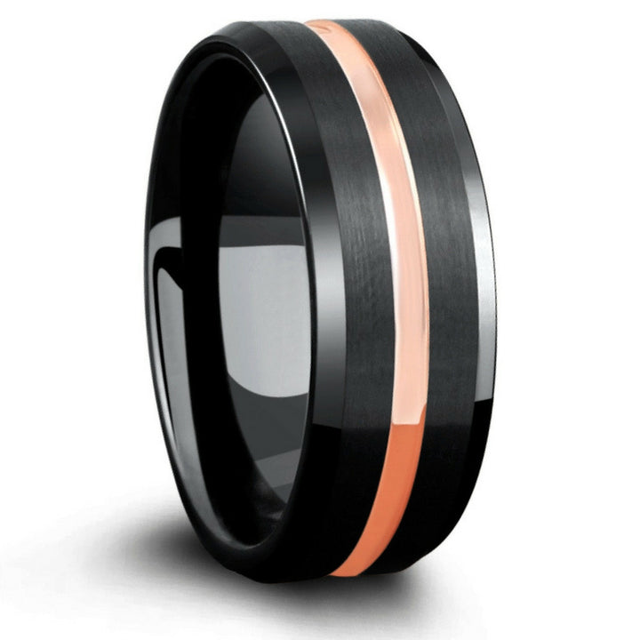8mm Mens Black Tungsten Wedding Band With Rose Gold Center