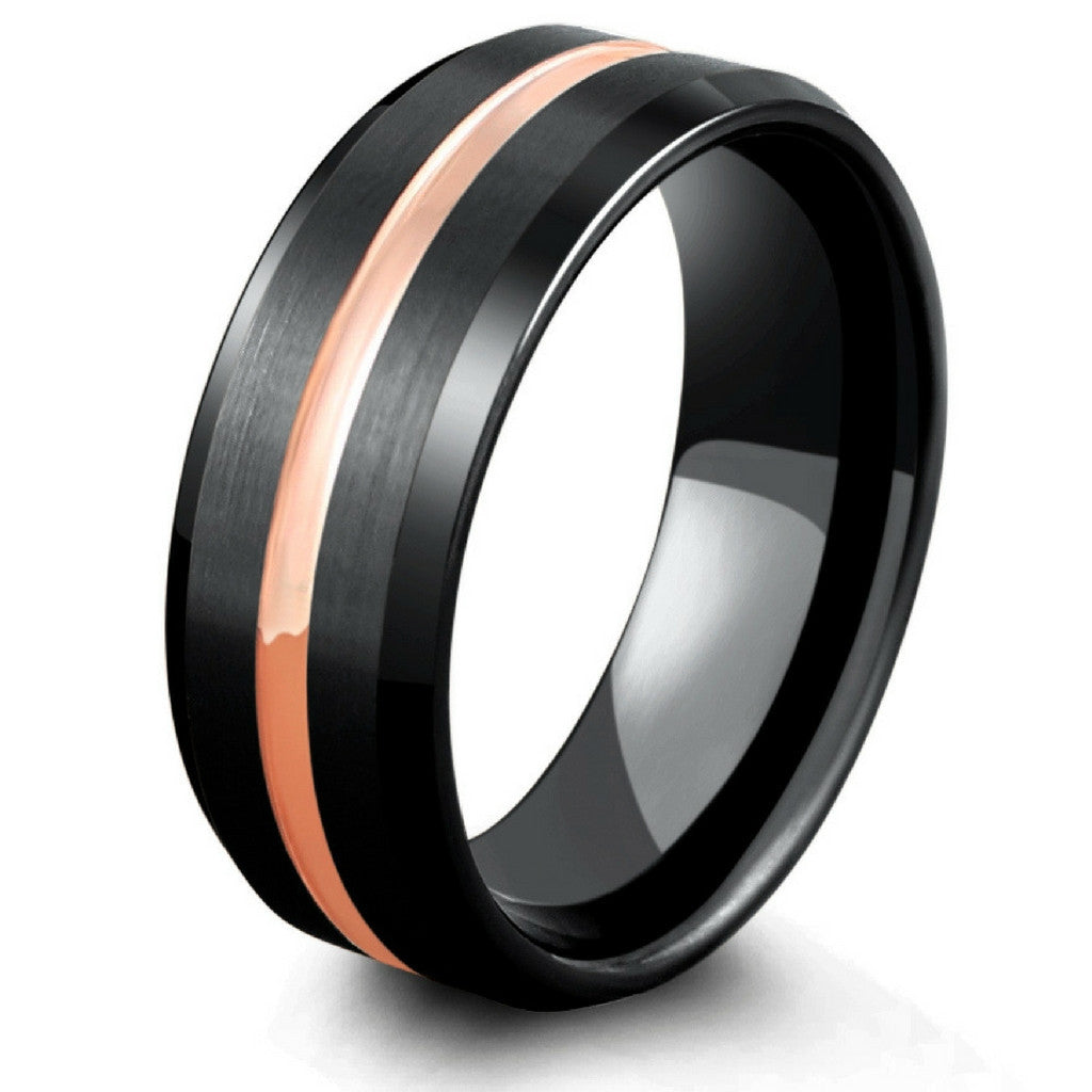 8mm Mens Black Tungsten Wedding Band With Rose Gold Center