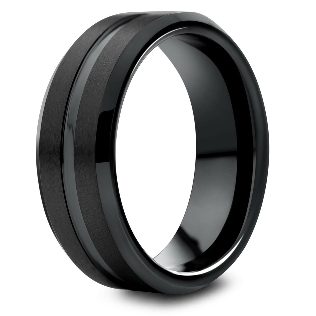 Mens Black Wedding Band With Polished Center Groove