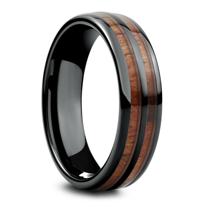 Mens Black Ceramic Wood Ring - Barrel