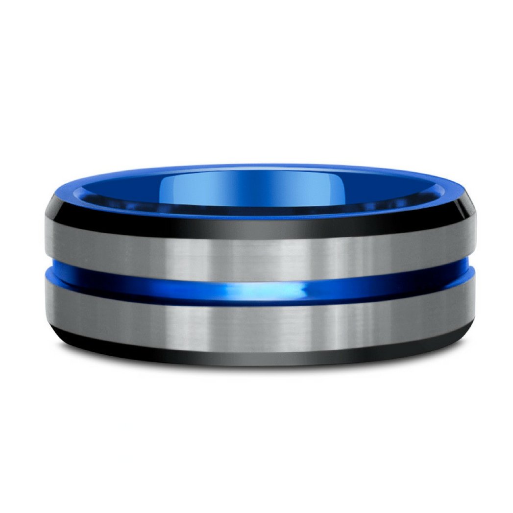 Mens Black, Silver, and Blue Tungsten Wedding Ring