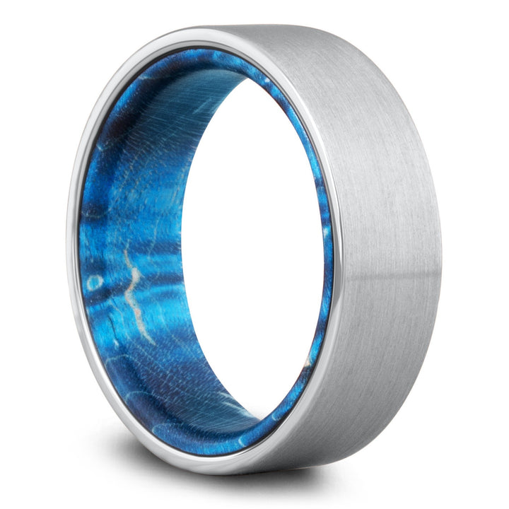 Mens Silver Wedding Band With a Blue Wood Interior