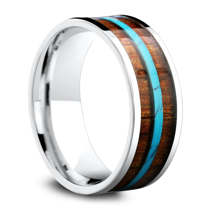 Mens Koa Wooden Ring With Turquoise Stripe