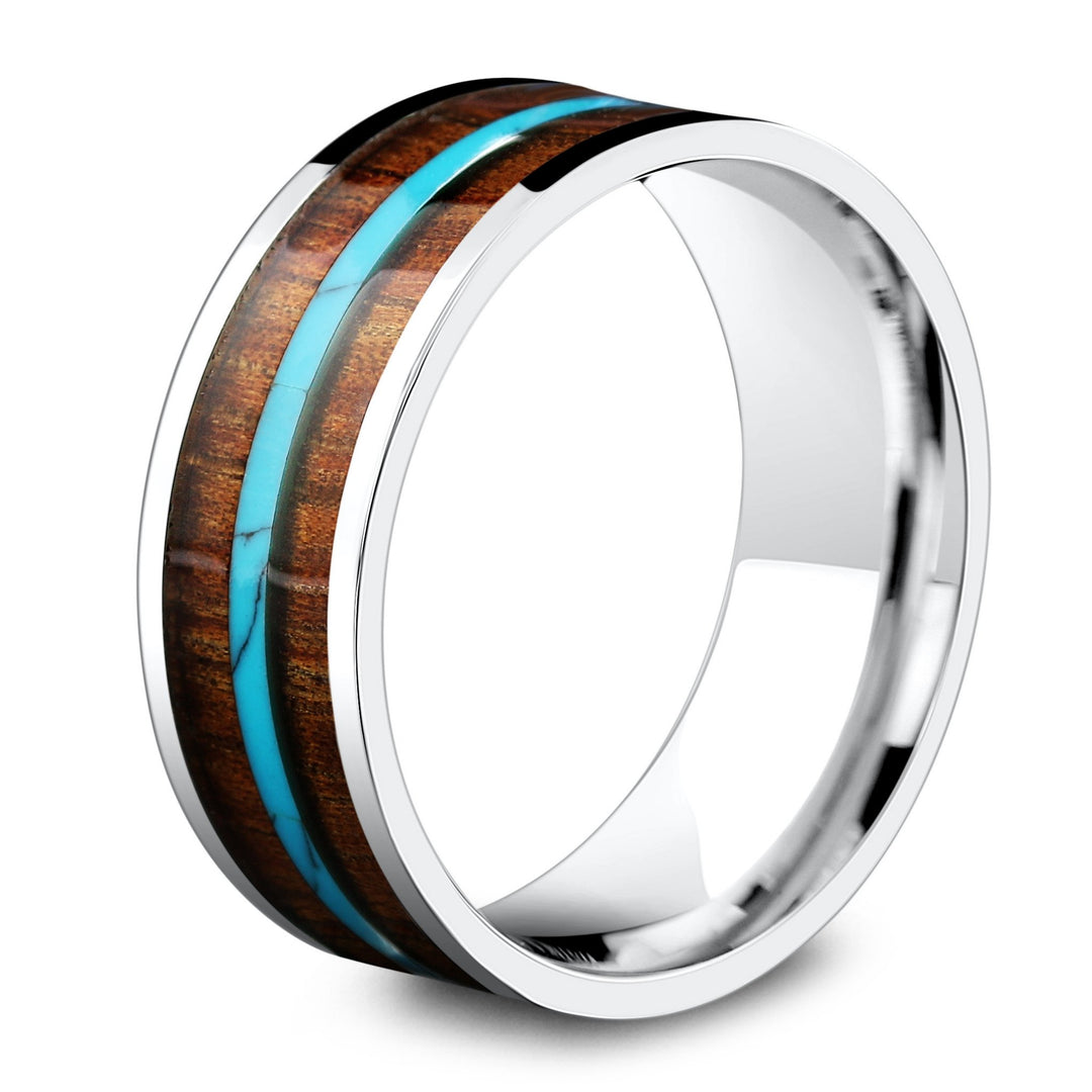 Mens Wooden Wedding Ring With Turquoise Stripe