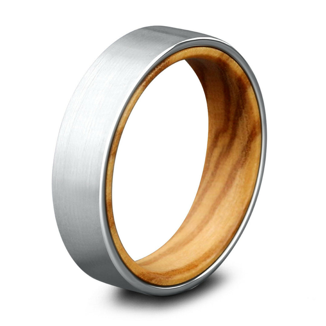 Brushed Silver Ring With Wood Interior - Mens Wood Wedding Ring