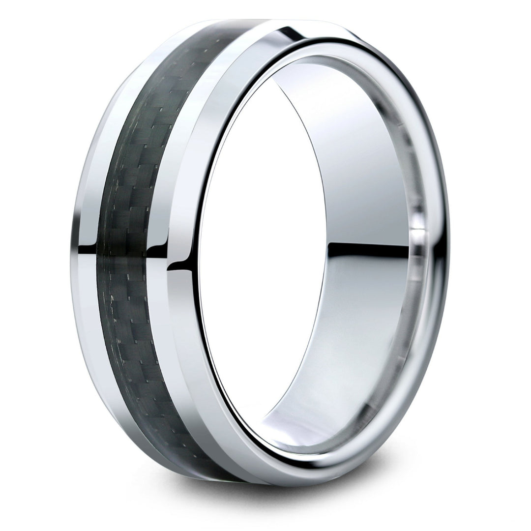 Introducing the Men's Carbon Core Black Wedding Band: a ring built for the bold. Made from tough tungsten carbide with a sleek black woven carbon fiber inlay, it boasts silver polished beveled edges for a rugged look. This ring isn't just an accessory—it's a statement of strength and unique style.
