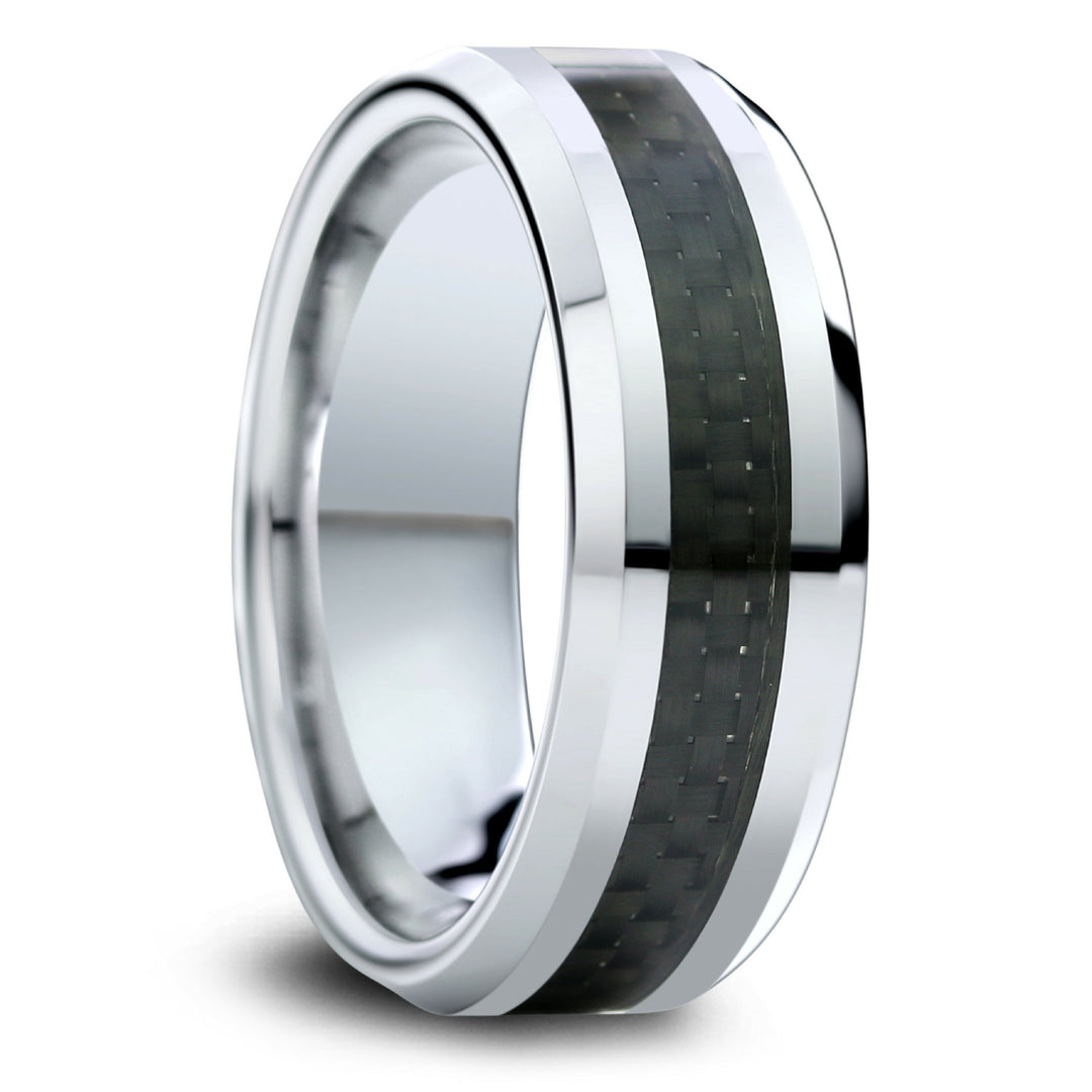 Mens Black Carbon Fiber Wedding Band - Silver Tungsten Carbide