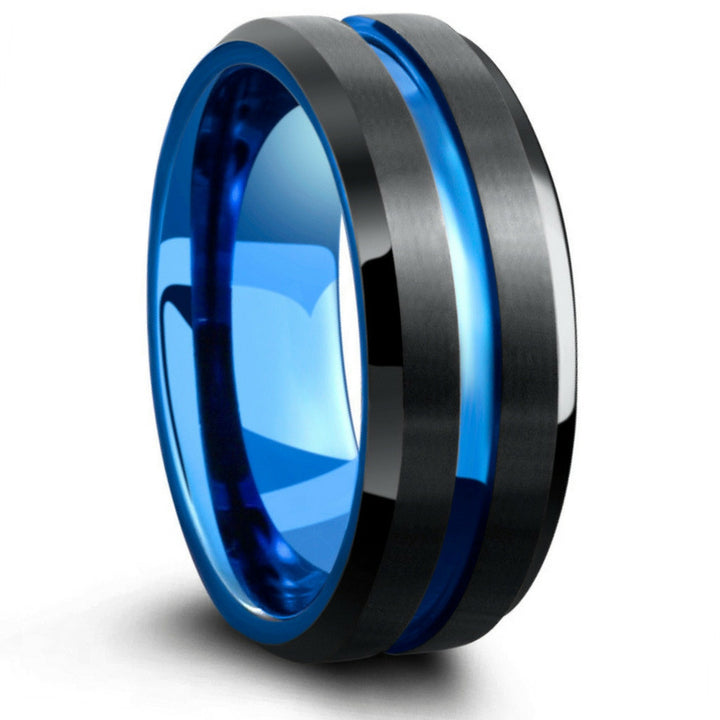 Mens Tungsten Wedding Band With Carved Blue Channel -Two Tone