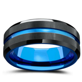 Mens Tungsten Wedding Band With Carved Blue Channel -Two Tone