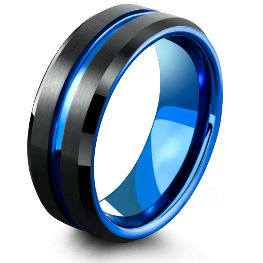 Mens Tungsten Wedding Band With Carved Blue Channel -Two Tone