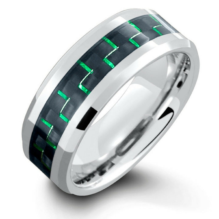 8mm Mens Silver Tungsten Wedding Band With Green & Black Carbon Fiber Inlay