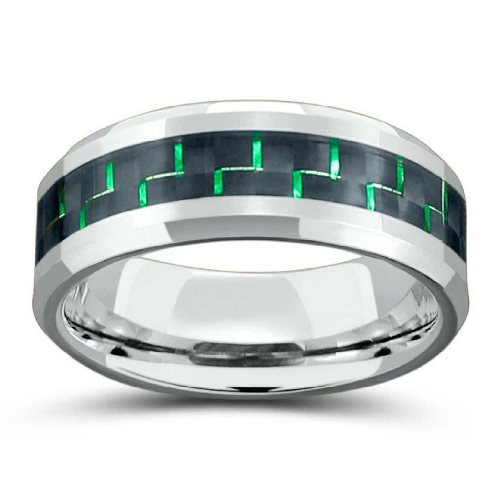 8mm Mens Silver Tungsten Wedding Band With Green & Black Carbon Fiber Inlay
