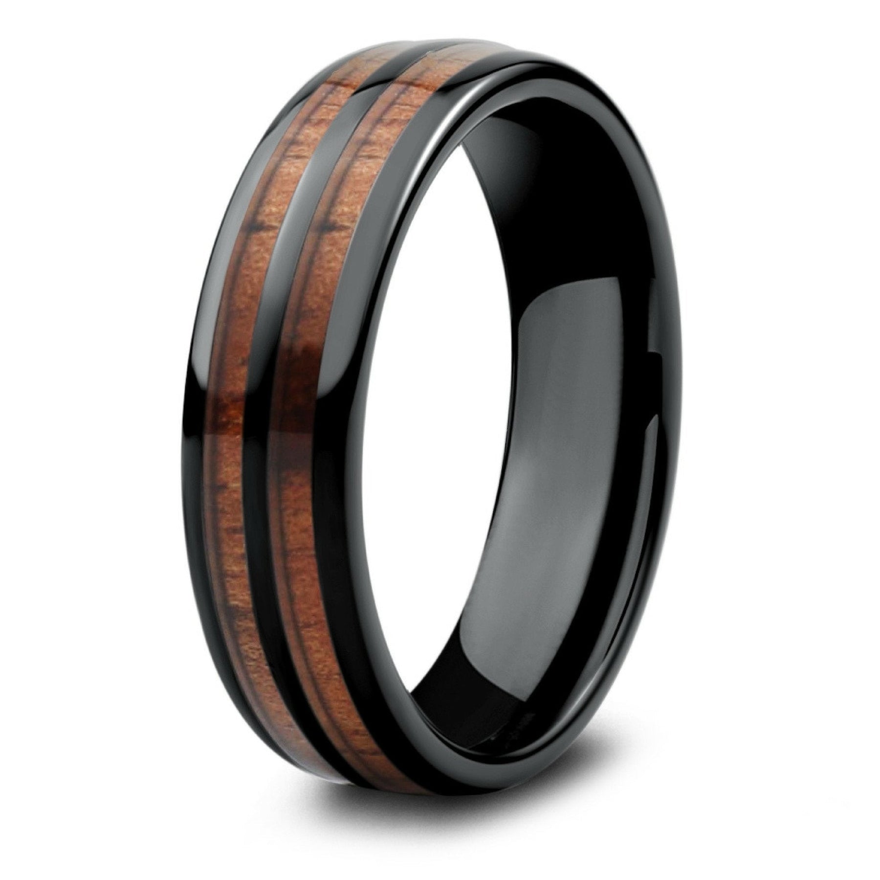 Men's - Black Wood Barrel Wedding Band / Ceramic Men's Koa Ring: 6mm, Comfort Fit, Dome Profile, 7 | Northern Royal