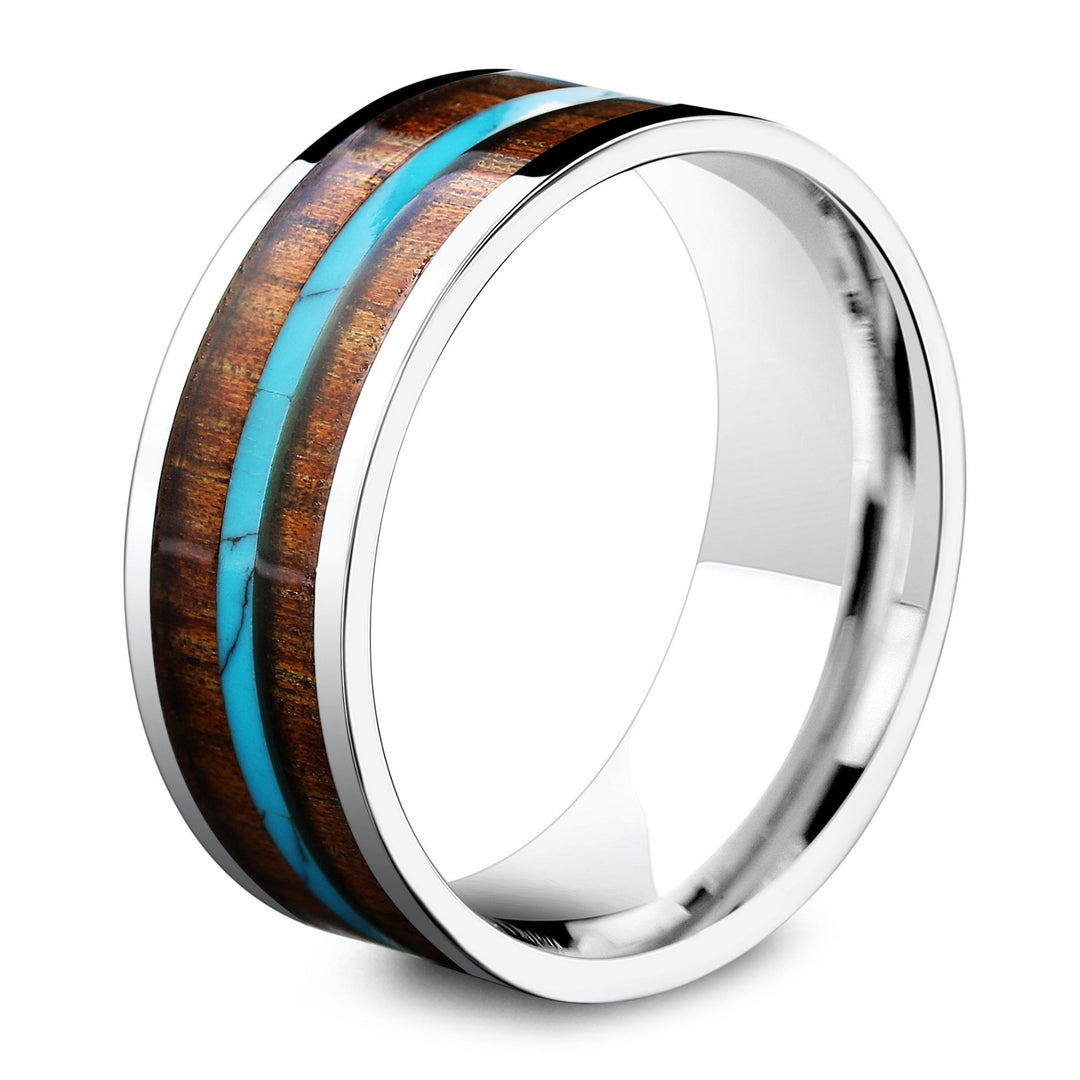 Mens Wooden Wedding Band With Turquoise Stripe