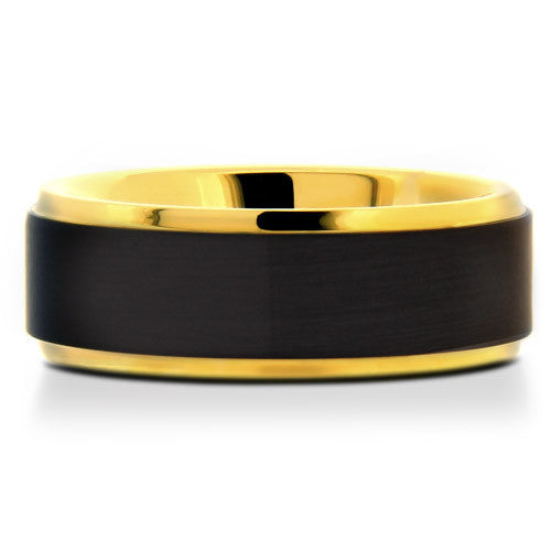 Mens 8mm Tungsten Carbide Ring With Black Matte Finish & Yellow Gold