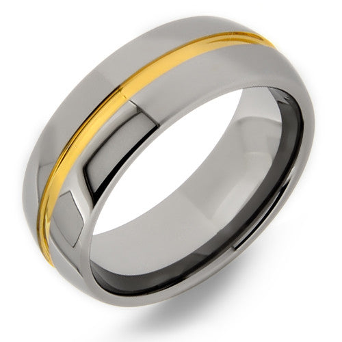Mens yellow gold channel ring crafted out of tungsten carbide