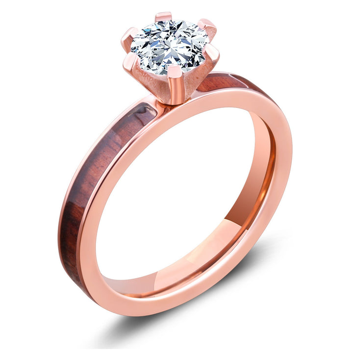Womens Solitaire Wood Rose Gold Wedding Ring