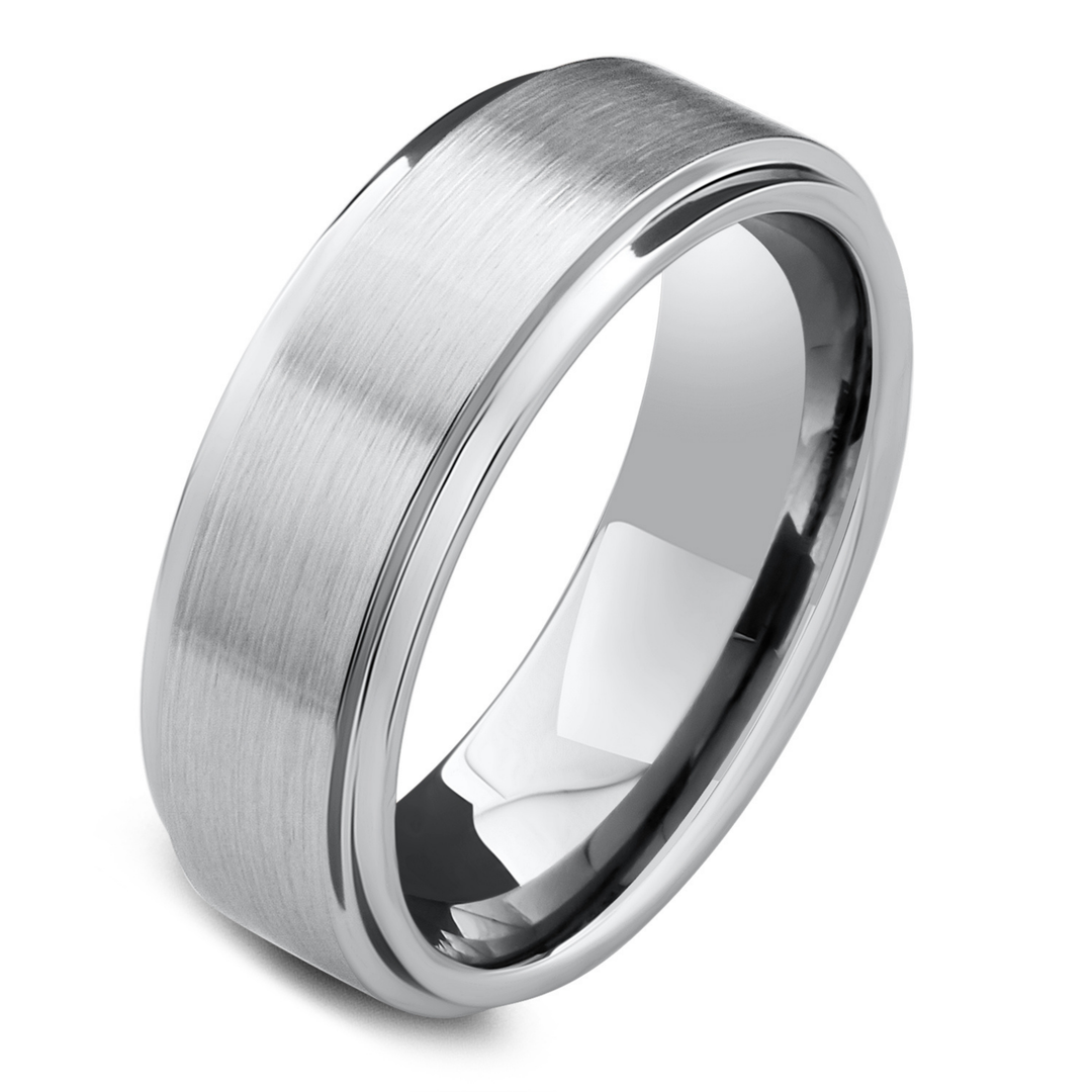 Men - Silver Tungsten Wedding Band, 8mm Width, Comfort Fit, Brushed Center and Polished Sides: Silver Classic II, 12.5 | Northern Royal