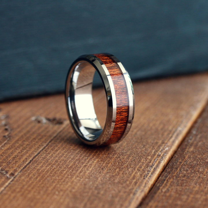 Men's Silver Wood Beveled Wedding Ring 