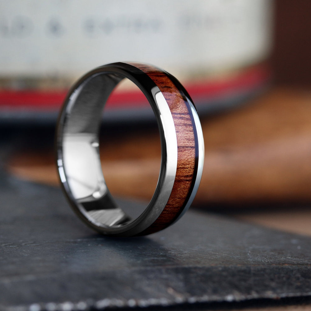 Silver Tungsten Ring With Koa Wood Inlay - Mens Wooden Ring