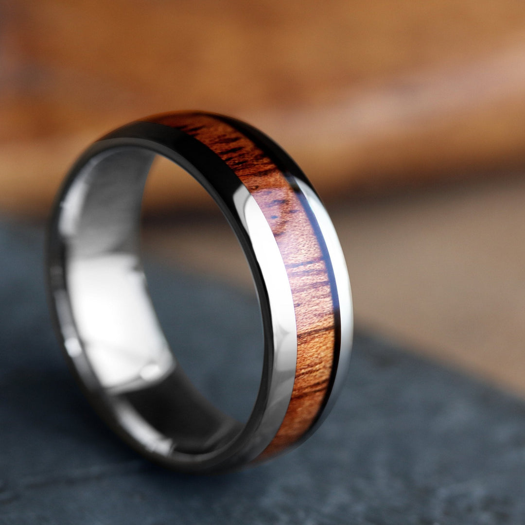 Mens Wooden Wedding Ring - Silver Tungsten Ring With Wood Inlay