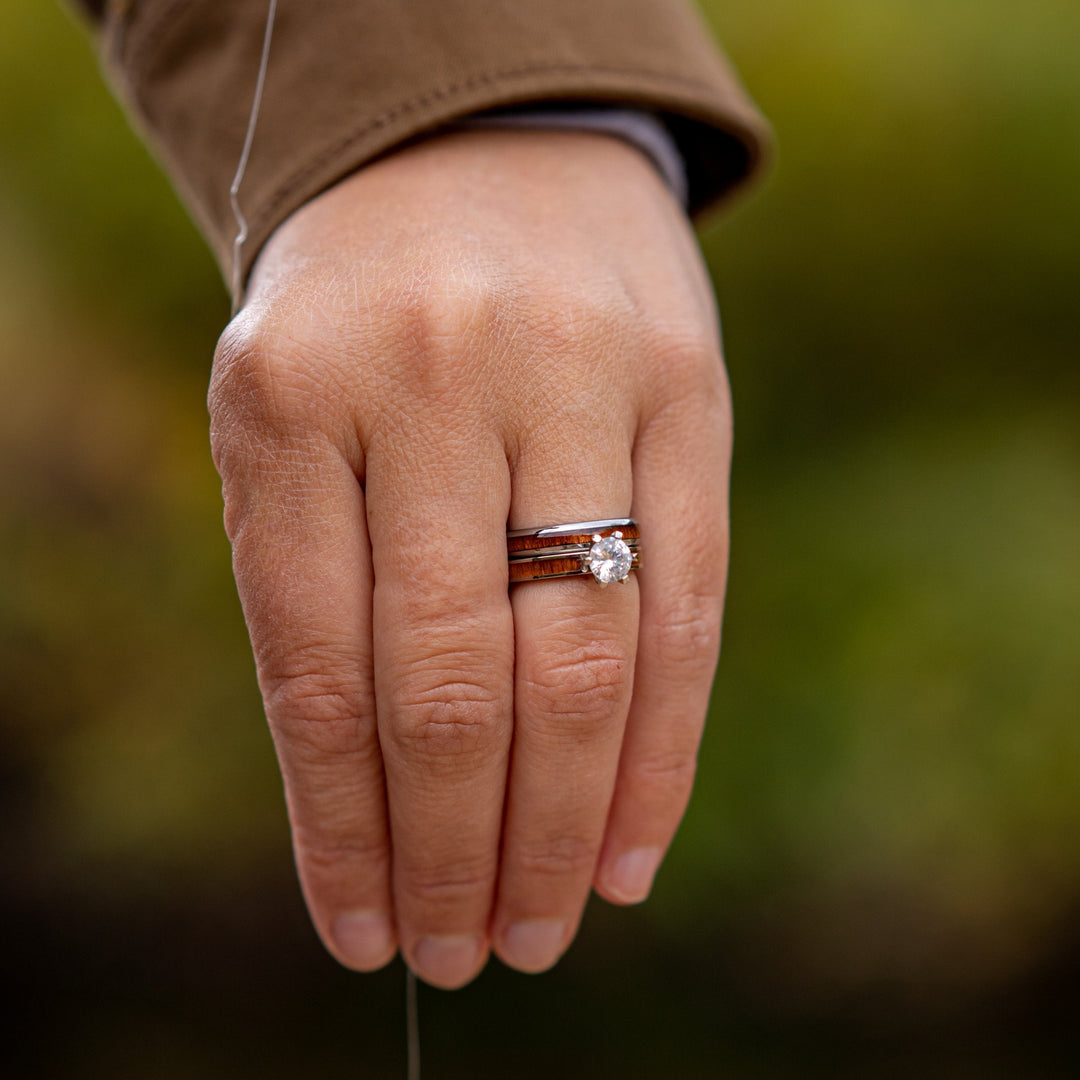 The Diamond (CZ) Forest - Solitaire Wood Ring Crafted Out Of Titanium