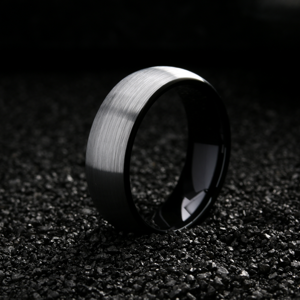 Men's Silver Brushed Tungsten Wedding Band With Polished Black Interior: 8mm, Comfort Fit