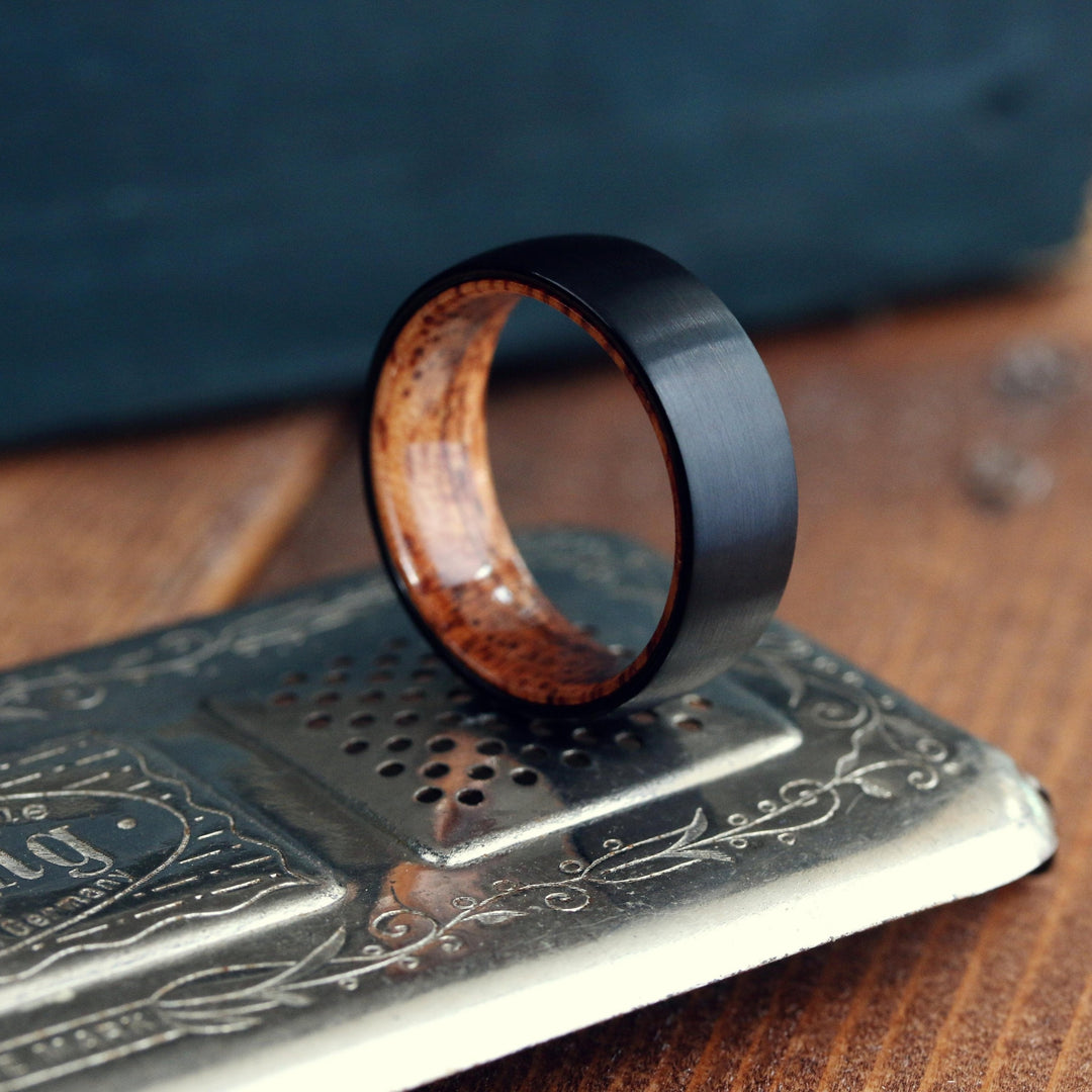 Men's Black Wedding Ring With Wood Interior 