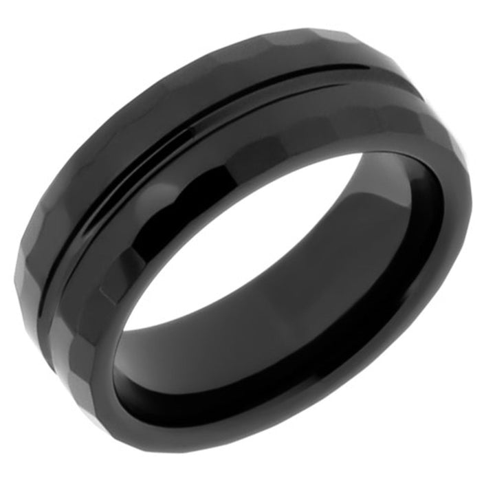 8mm Black ceramic ring with carved edges and Center Channel - NorthernRoyal - 2