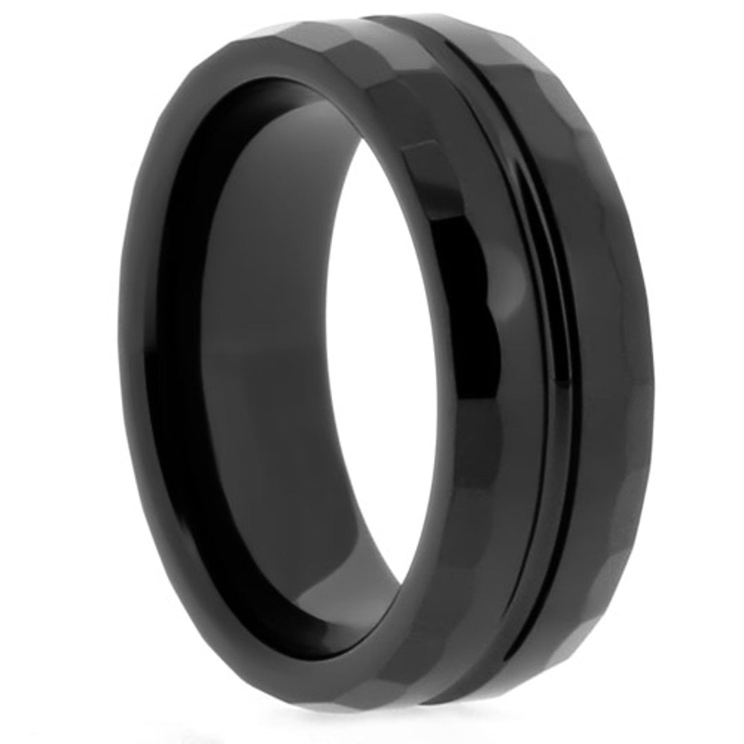 8mm Black ceramic ring with carved edges and Center Channel - NorthernRoyal - 1