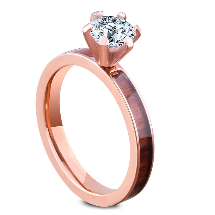 Rose Gold Wood Diamond Solitaire Wood Engagement Ring