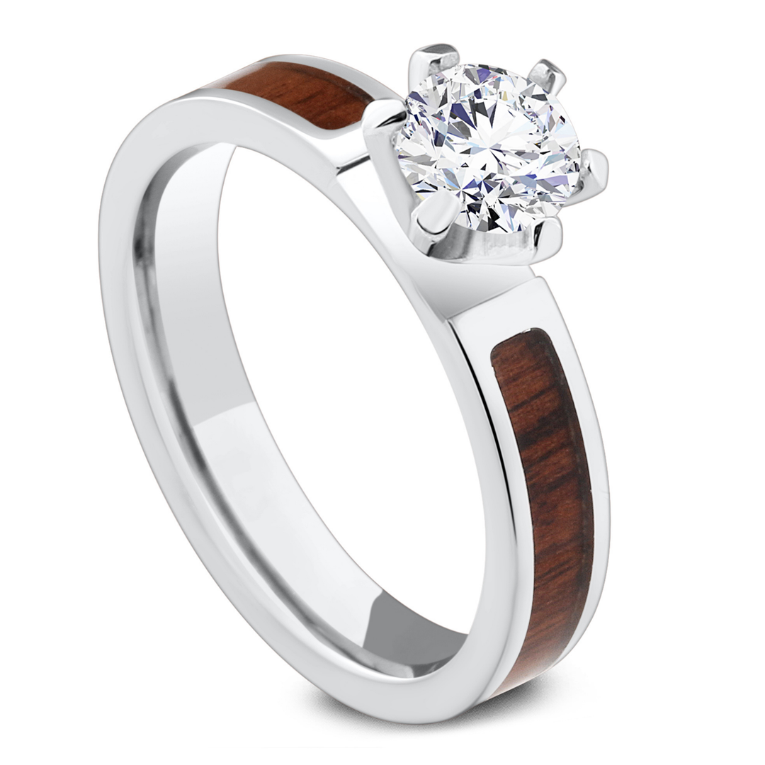 The Diamond CZ Forest Solitaire Wood Ring Crafted Out Of Titanium